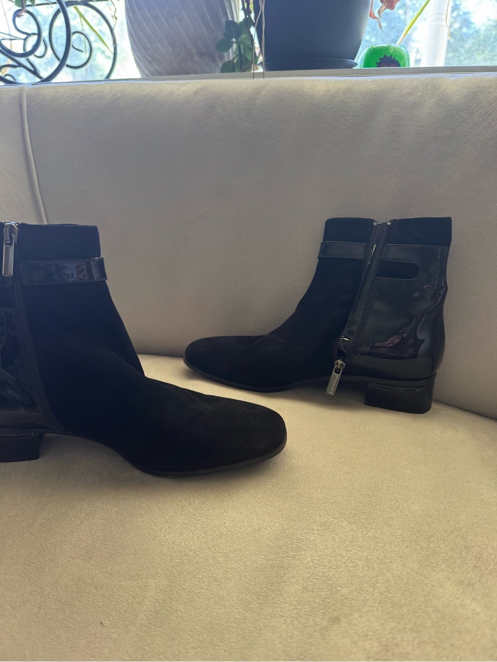 Black Suede Patent Side Panel Ankle Boots Block Heel